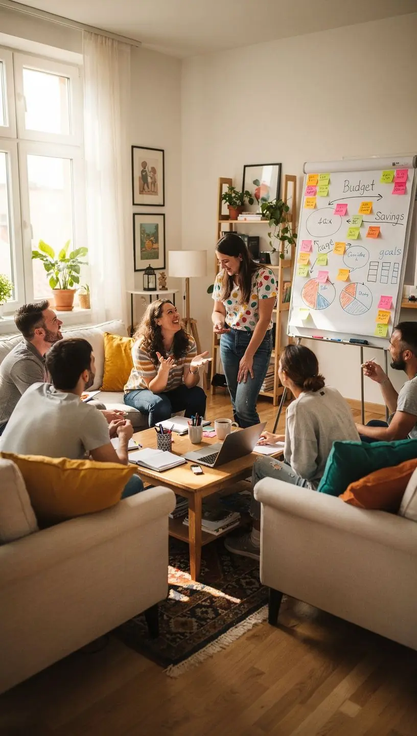 Ilustrace organizovaného pracovního prostoru s peněženkou, kalkulačkou a plánovačem.